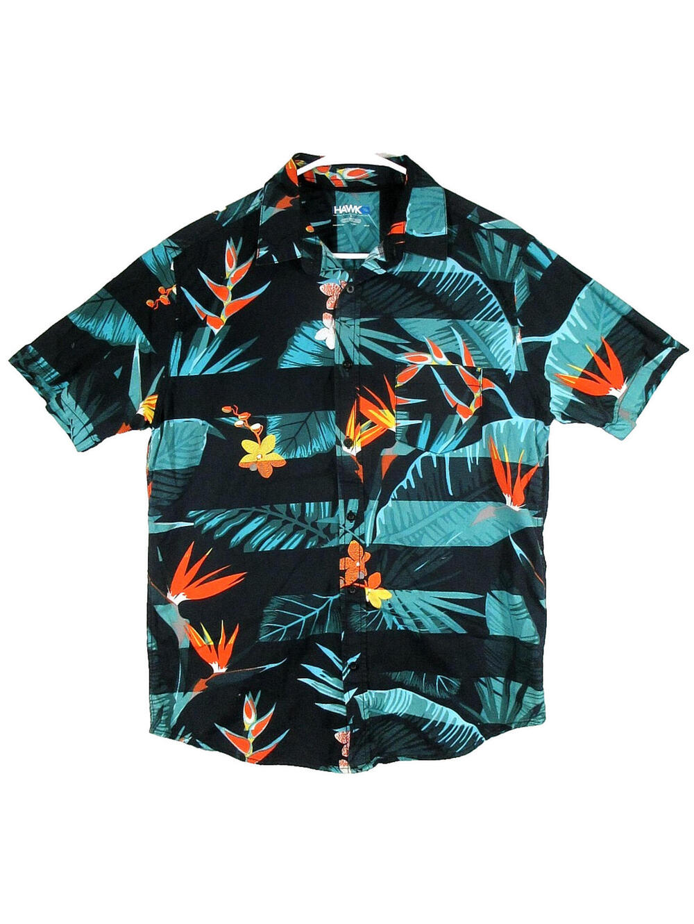 Tony Hawk Mens Button Front Floral Polo Shirt Short Sleeve Size L Black/Green